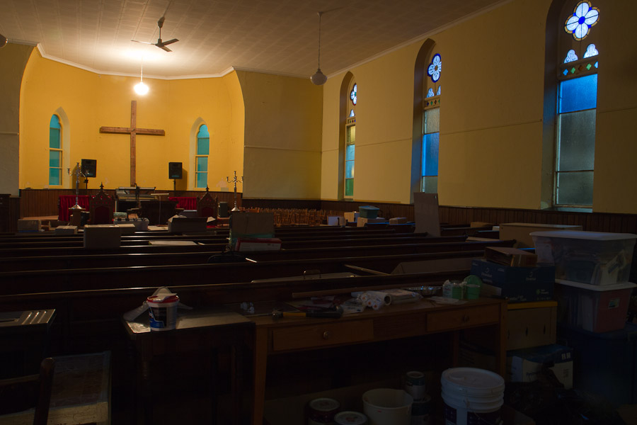 The sanctuary, with our stuff lining the pews